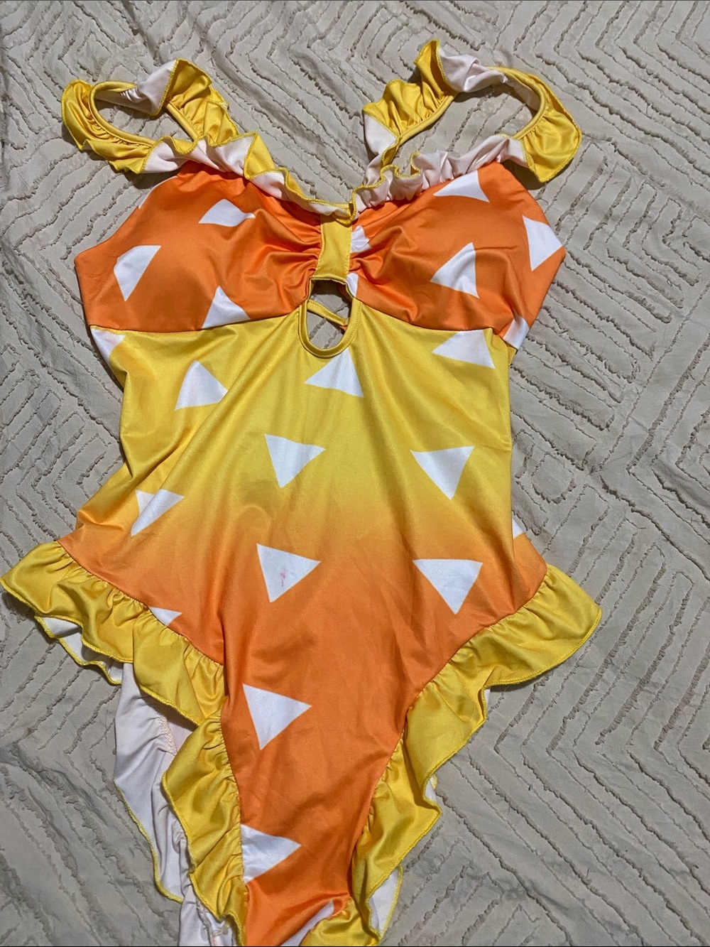 NWOT Ruffled One-Piece Swimsuit in Yellow-Orange Triangle Print